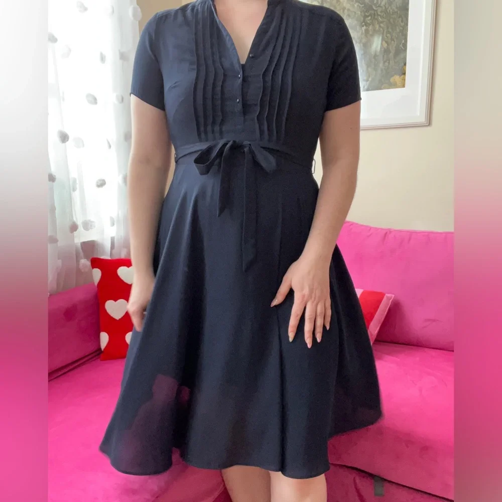 SOLD Nanette Lepore pleated, tie-waist navy dress, size 8 - Picture 1 of 2